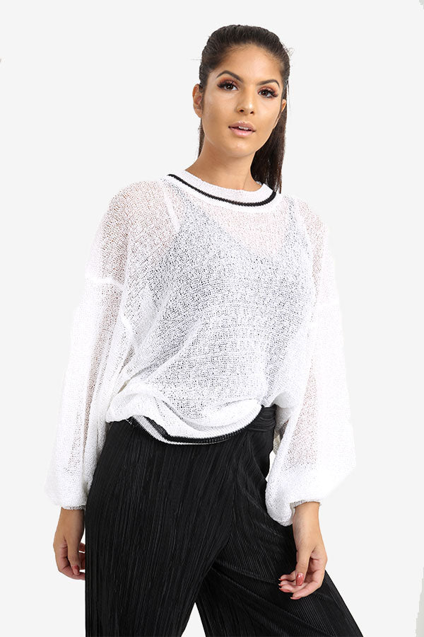 White Transparent Sweater With Striped Border