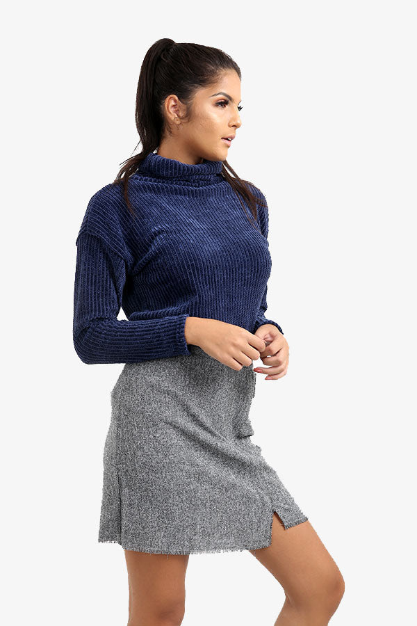 Navy Blue Roll Neck Ribbed Jumper