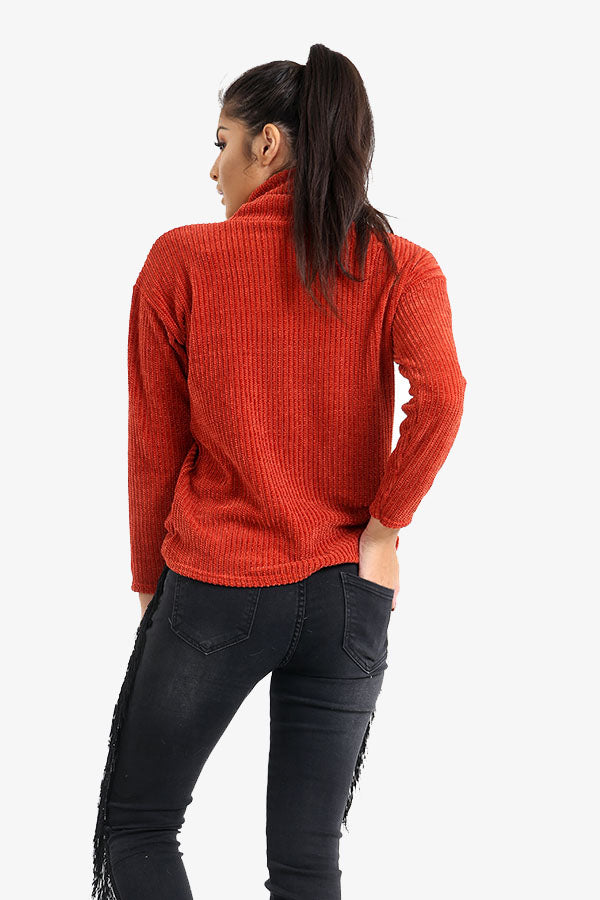 Burnt Orange Roll Neck Ribbed Jumper