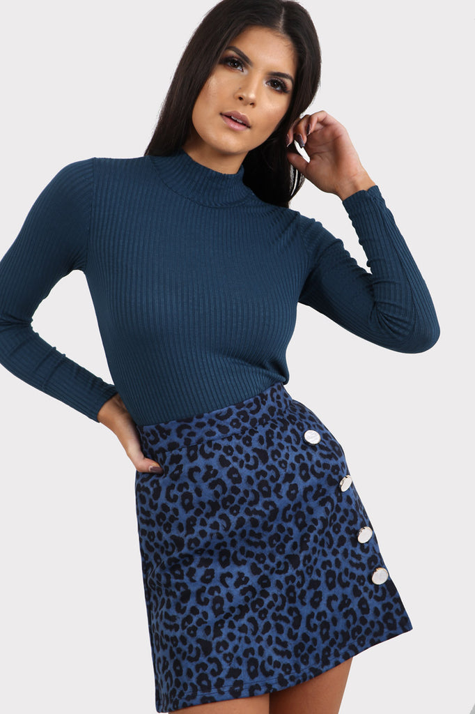 Blue Ribbed Turtle Neck Top