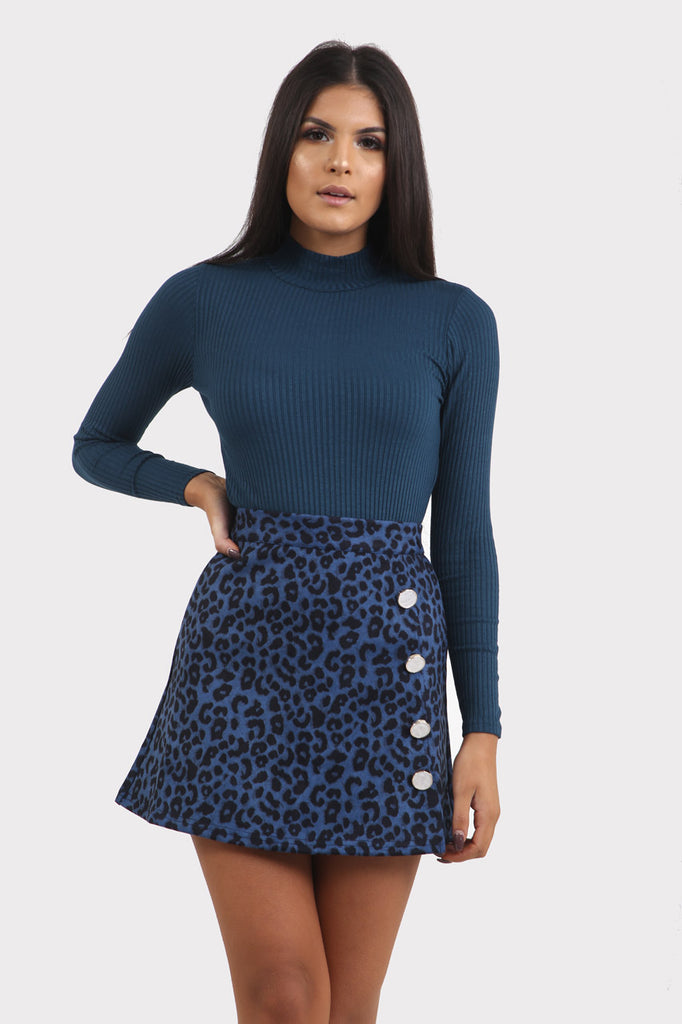 Blue Ribbed Turtle Neck Top