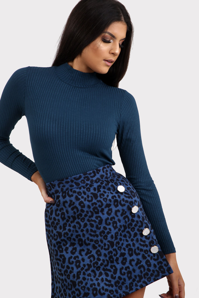 Blue Ribbed Turtle Neck Top