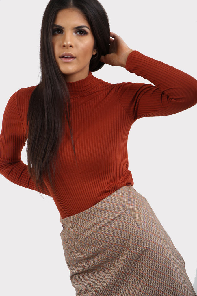 Burnt Orange Ribbed Turtle Neck Top