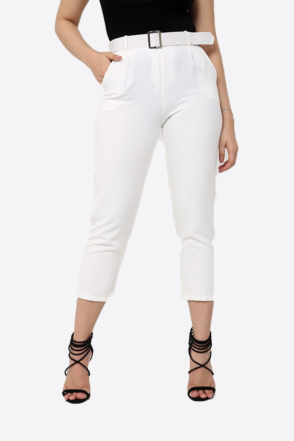 White Slim Fit Belted Trousers