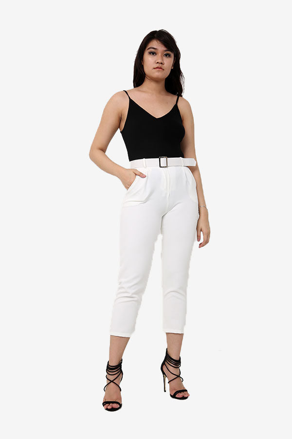 White Slim Fit Belted Trousers