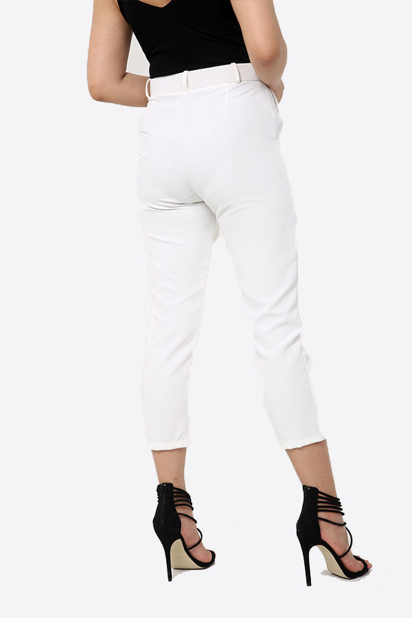 White Slim Fit Belted Trousers