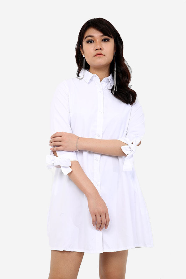 White Shirt Dress With Bow Cuffs