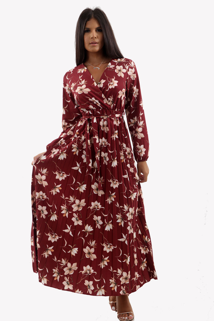 Wine Floral Pleated Maxi Dress