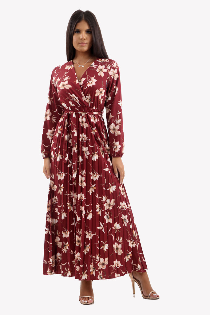 Wine Floral Pleated Maxi Dress