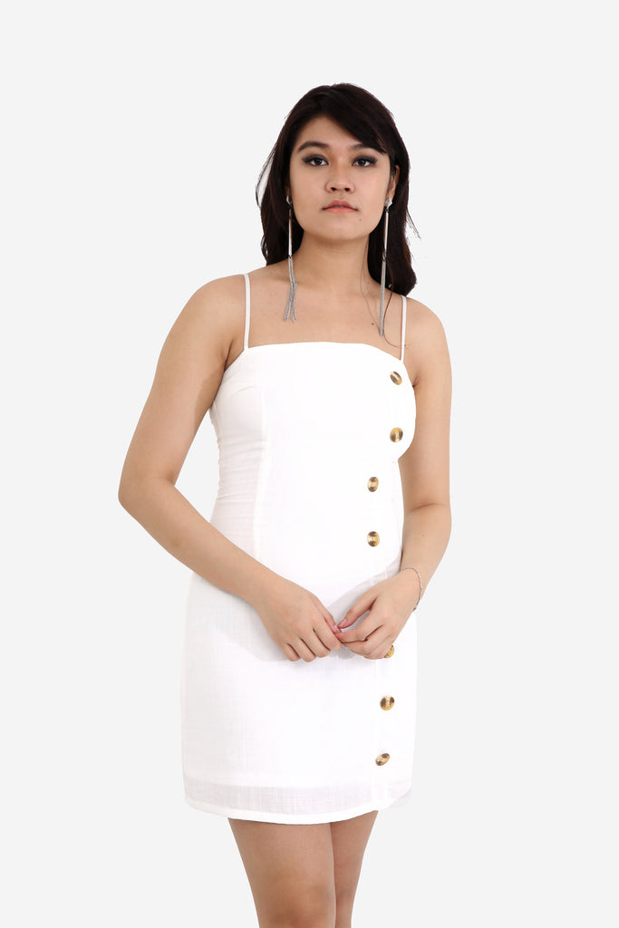 White Bodycon Dress With Button Detail