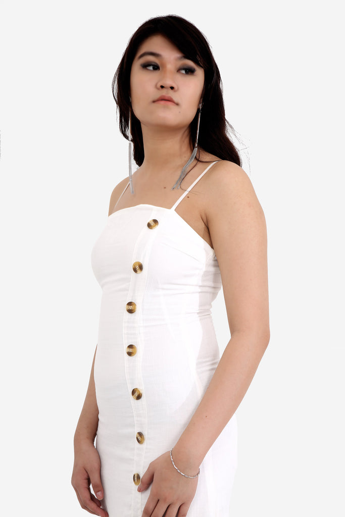 White Bodycon Dress With Button Detail