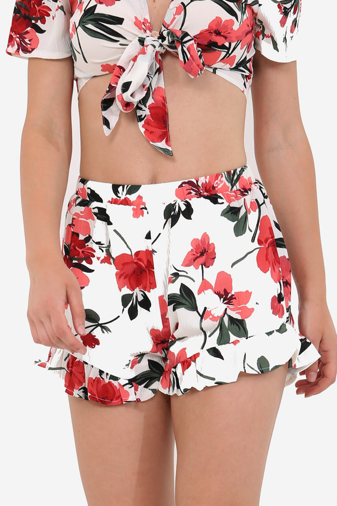 White High Waisted Floral Shorts