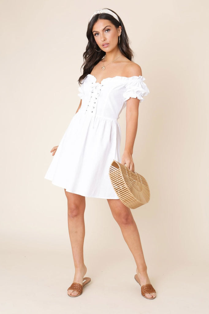 Ivykove White Off the Shoulder Lace Up Detail Skater Dress