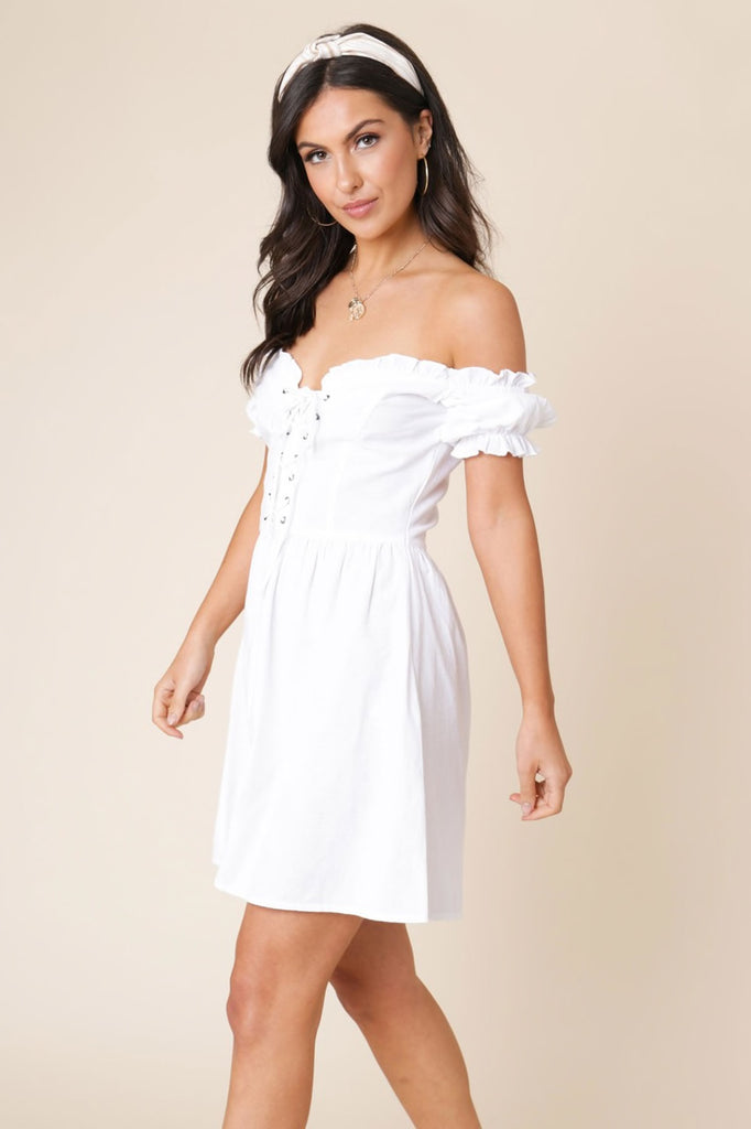 Ivykove White Off the Shoulder Lace Up Detail Skater Dress