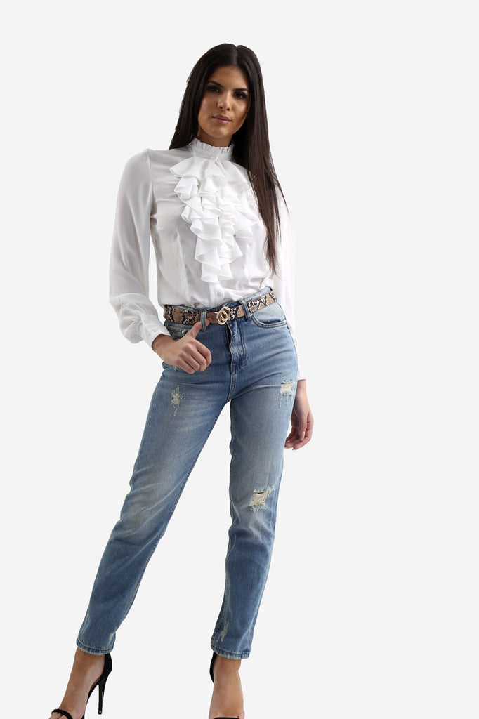 White Ruffle Long Sleeve Blouse