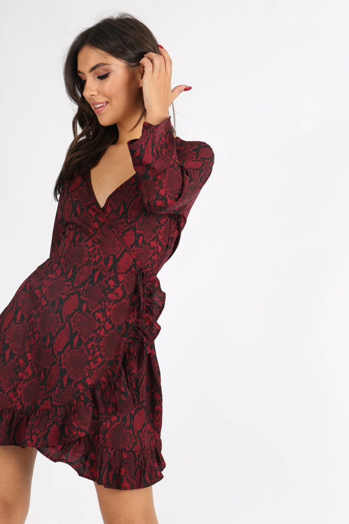 Wine Snake Print Self Tie Ruffle Wrap Mini Dress