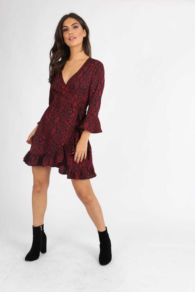 Wine Snake Print Self Tie Ruffle Wrap Mini Dress