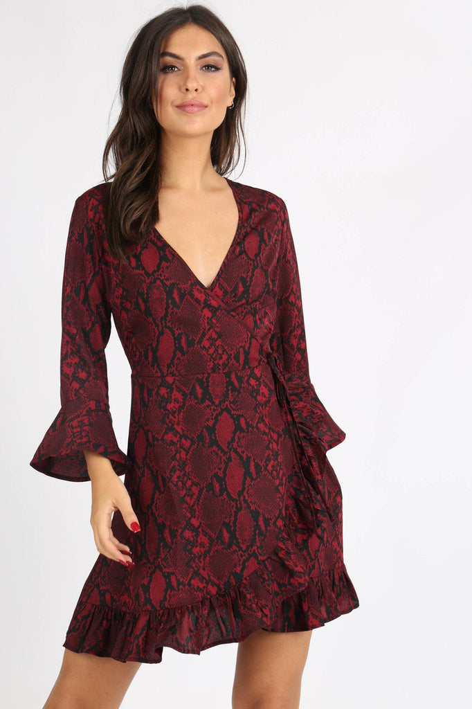 Wine Snake Print Self Tie Ruffle Wrap Mini Dress