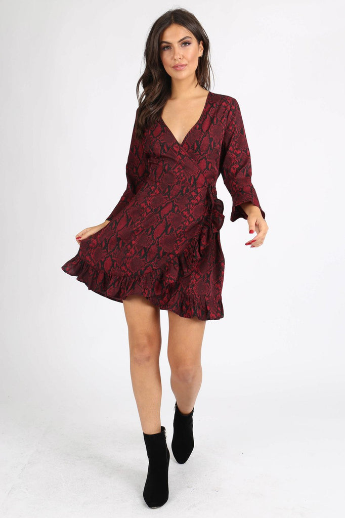 Wine Snake Print Self Tie Ruffle Wrap Mini Dress