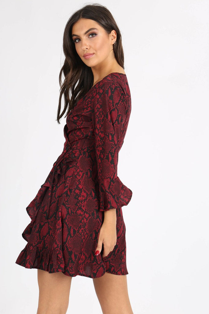 Wine Snake Print Self Tie Ruffle Wrap Mini Dress