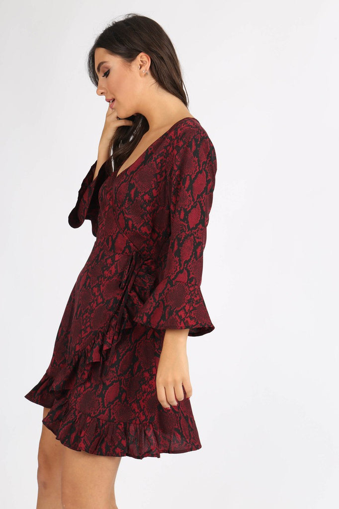 Wine Snake Print Self Tie Ruffle Wrap Mini Dress