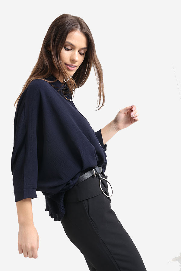 Navy Frill Detailed Oversized Shirt