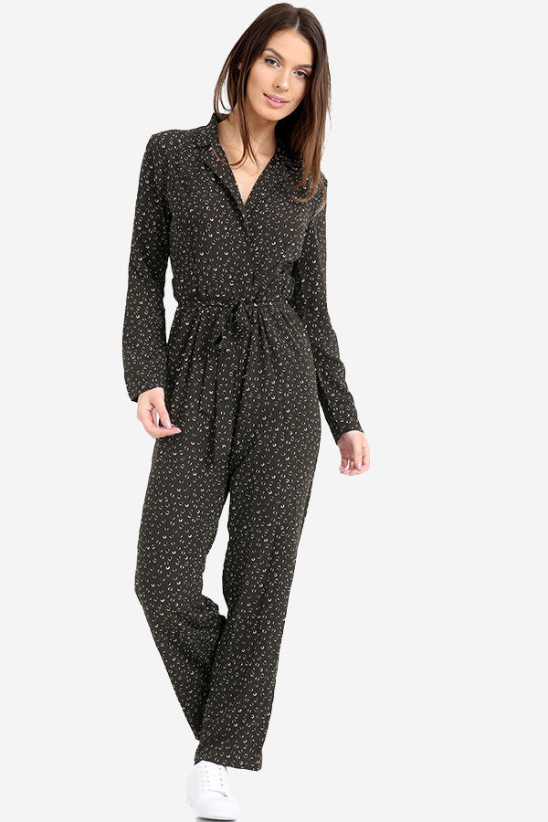 Dark Green Printed Wide Leg Boiler-suit style Jumpsuit