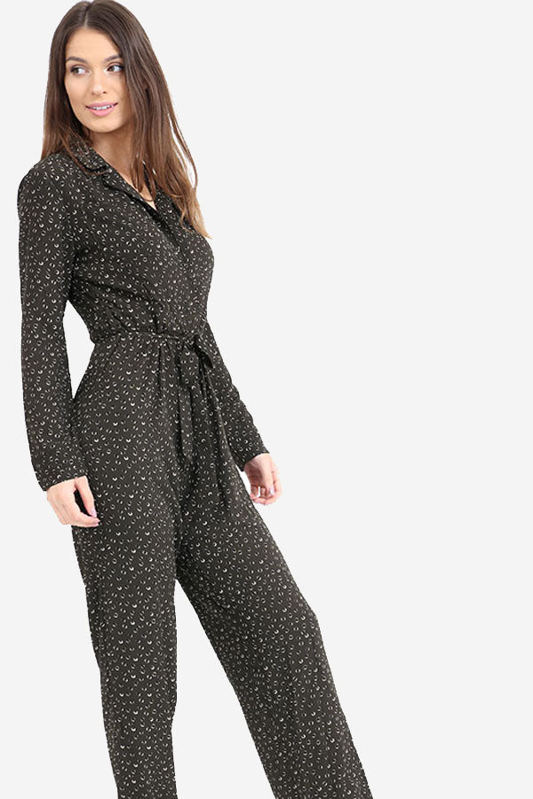 Dark Green Printed Wide Leg Boiler-suit style Jumpsuit