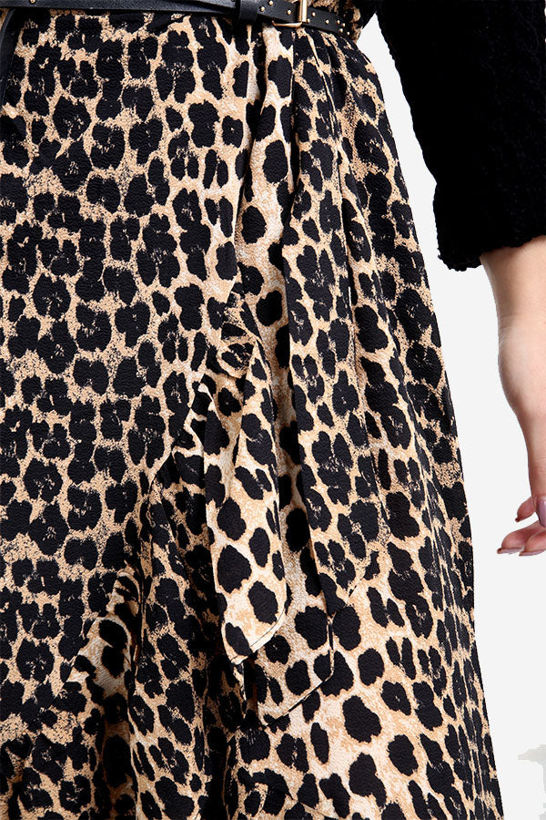 Animal Leopard Print Wrap Frill Midi Skirt