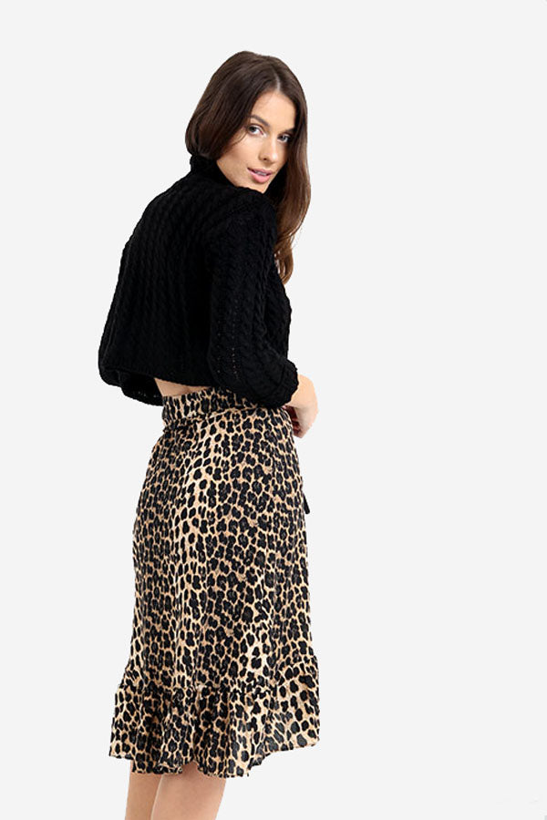 Animal Leopard Print Wrap Frill Midi Skirt