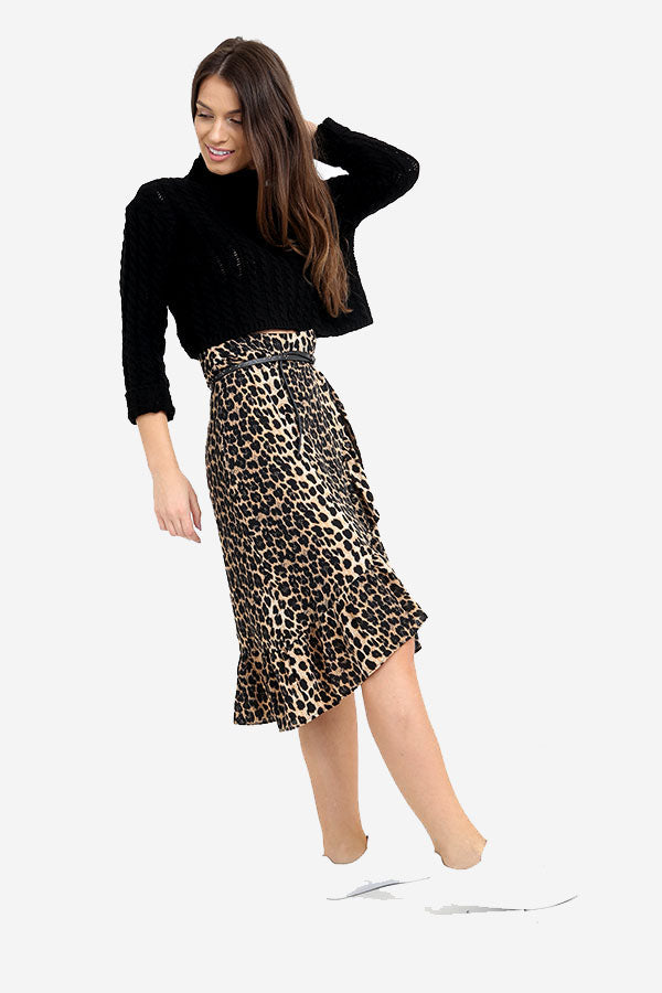 Animal Leopard Print Wrap Frill Midi Skirt