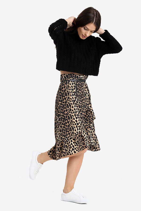 Animal Leopard Print Wrap Frill Midi Skirt