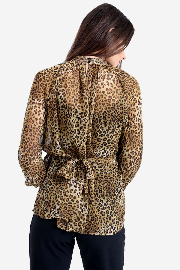 Animal Leopard Print Flute Sleeve Open Back Top