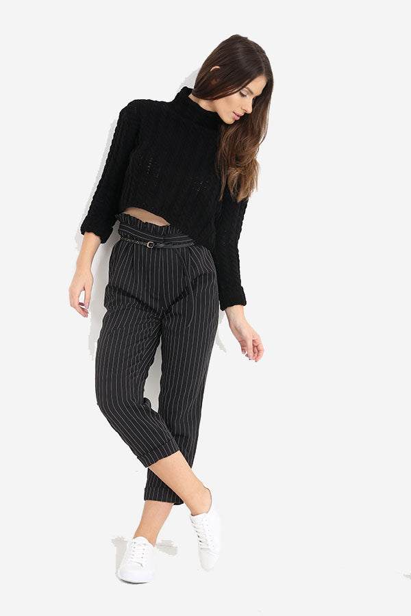 Black Pinstripe High Waisted Trousers