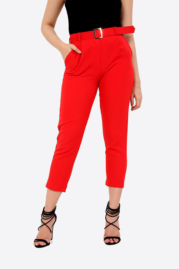 Red Slim Fit Belted Trousers