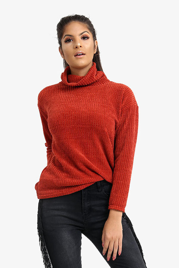 Burnt Orange Turtle Neck Ribbed Jumper