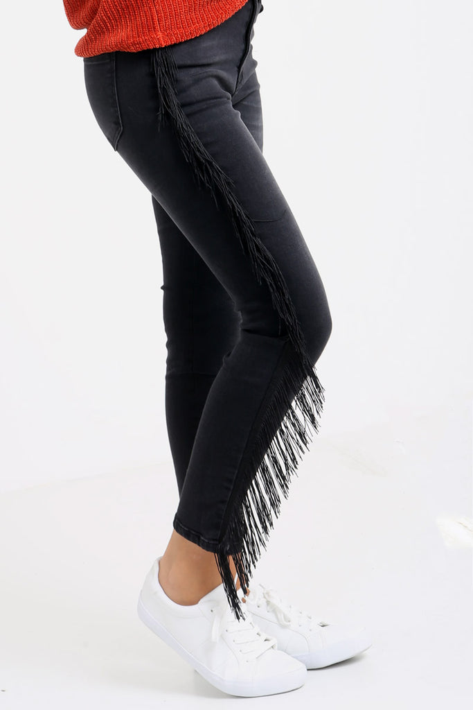 Black Skinny Jeans With Fringed Sides