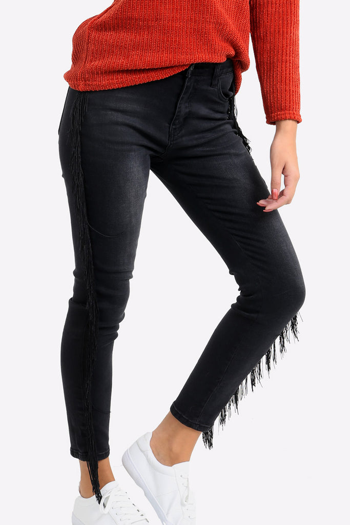 Black Skinny Jeans With Fringed Sides