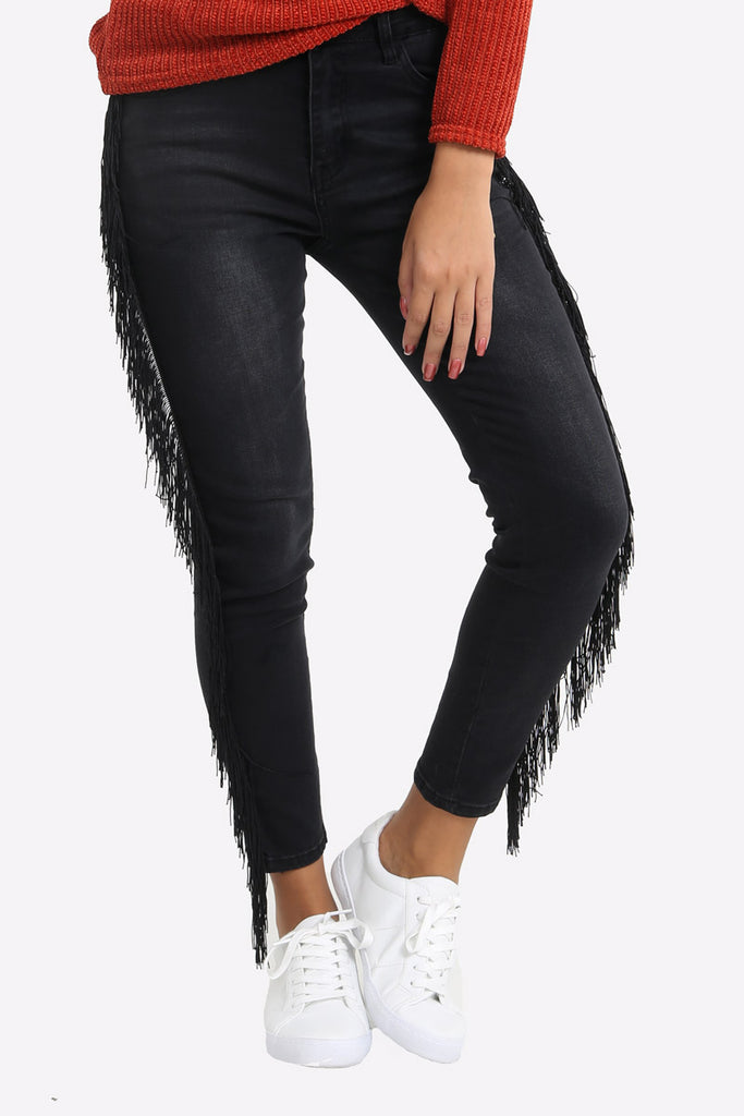 Black Skinny Jeans With Fringed Sides