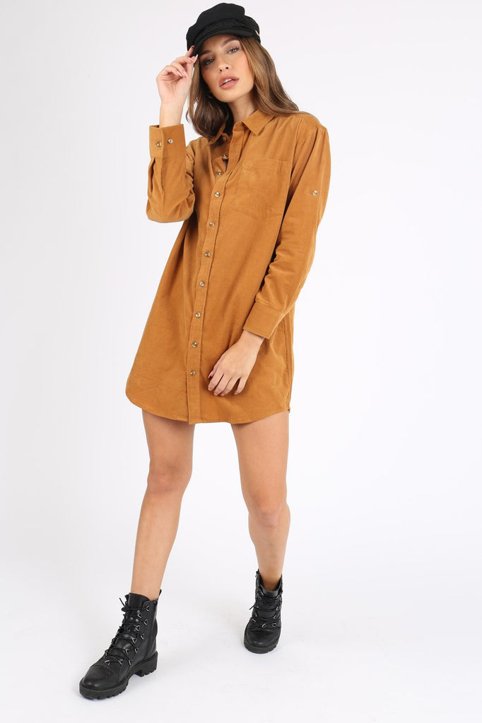 Light Orange Long Sleeve Cord Shirt Dress